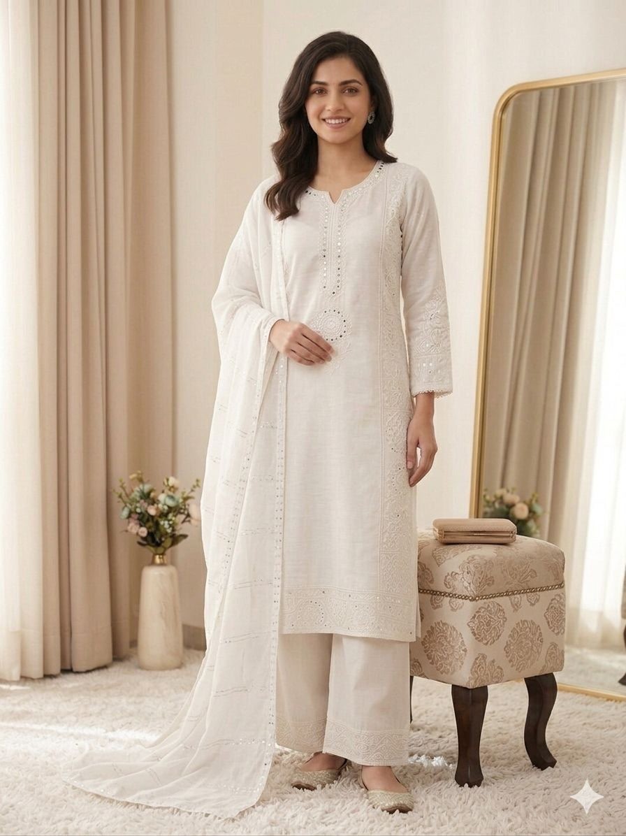 Stylish Mal Chanderi White Top Palazzo With Dupatta For Indian Function Wear