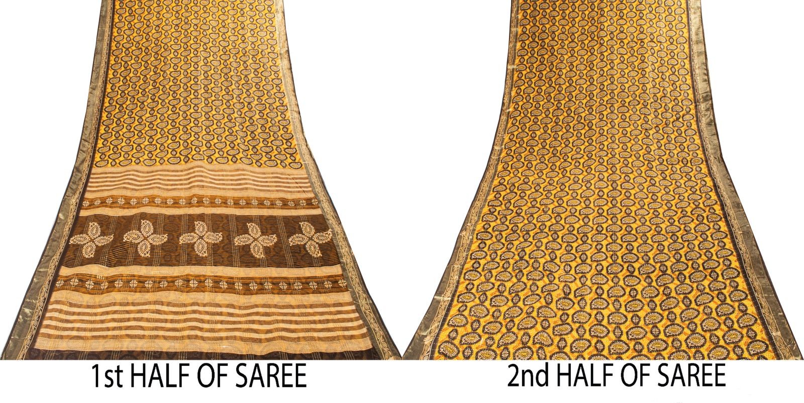 Sanskriti Vintage Saree Yellow Pure Cotton Paisley Kantha Print Sari 5+Yd Fabric