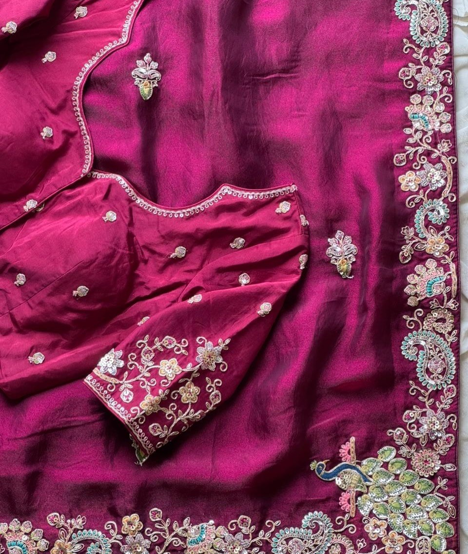 soft space silk saree sequence coding handwork with same work blouse .