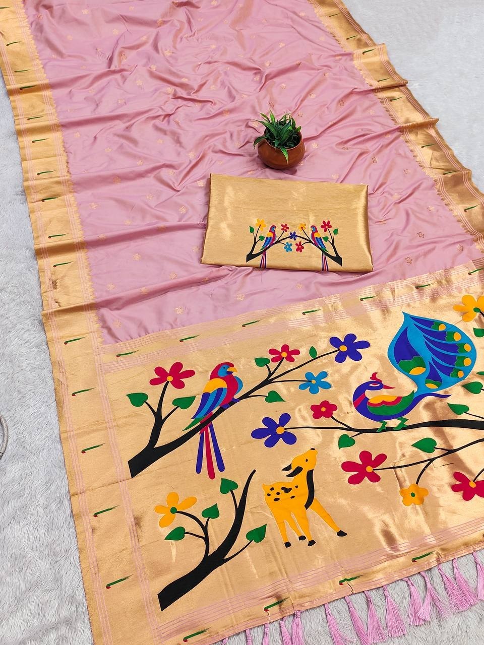 Indian Designer Peach-Blue Wedding Silk Saree With Blouse For Reception & Party