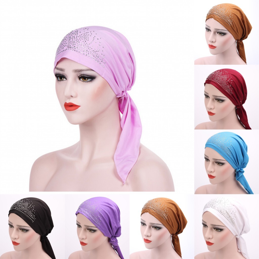 Muslim Headscarf Hat Thin Women Inner Hijab Bonnet Solid Diamond Turban Caps