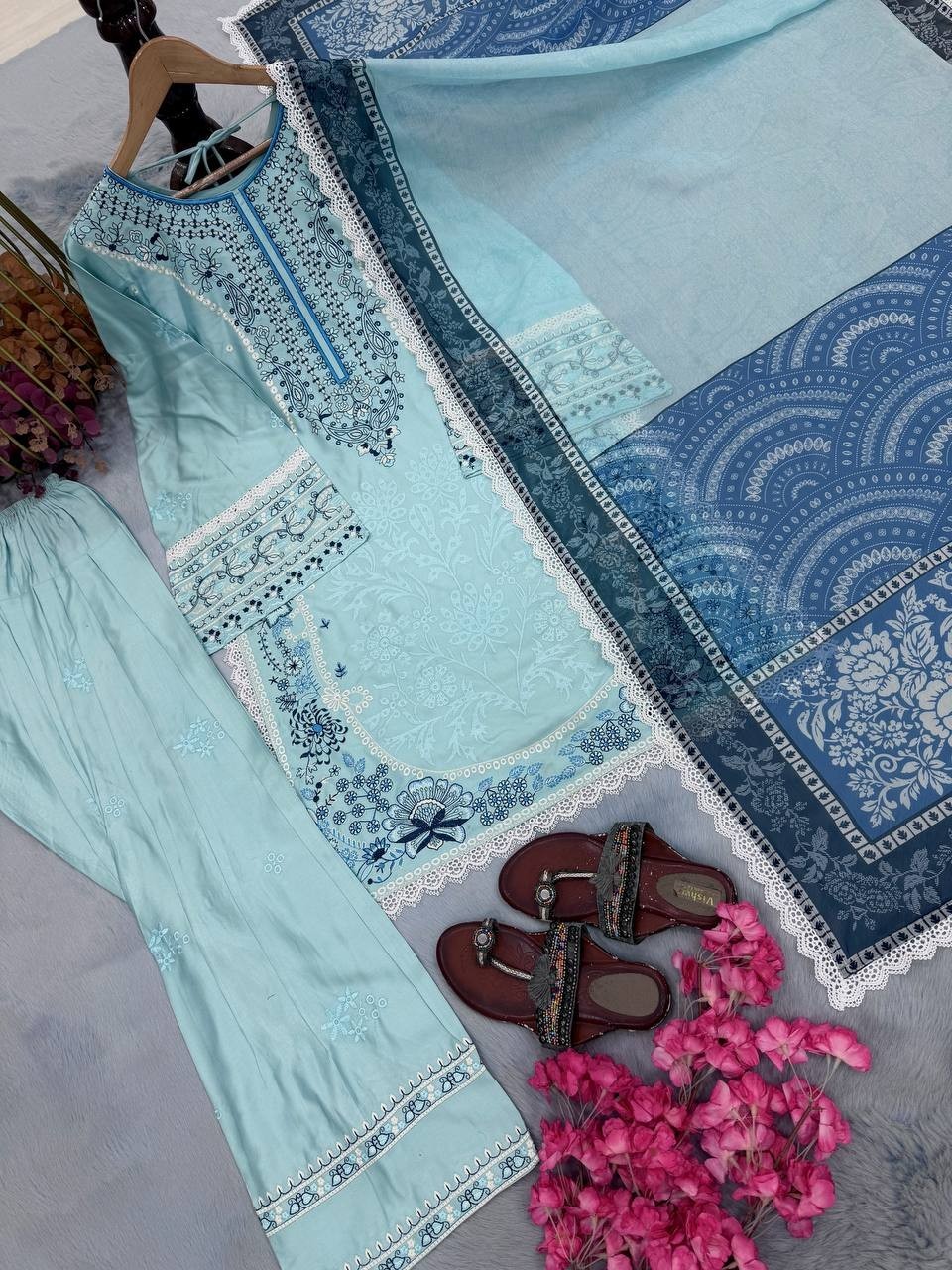 Ready To Wear Sky Blue Satin Rayon Salwar Kameez With Dupatta For Women