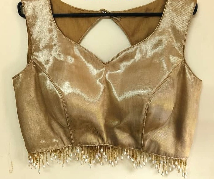 Readymade Metallic Silk Gold Blouse, Tassel Fringe Beads, Sleeveless, choli top