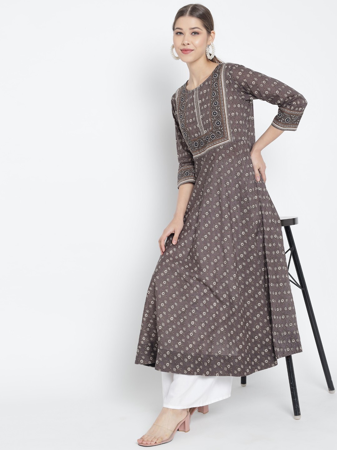 YASH GALLERY Women’s Cotton Floral Printed Grey Anarkali Kurti