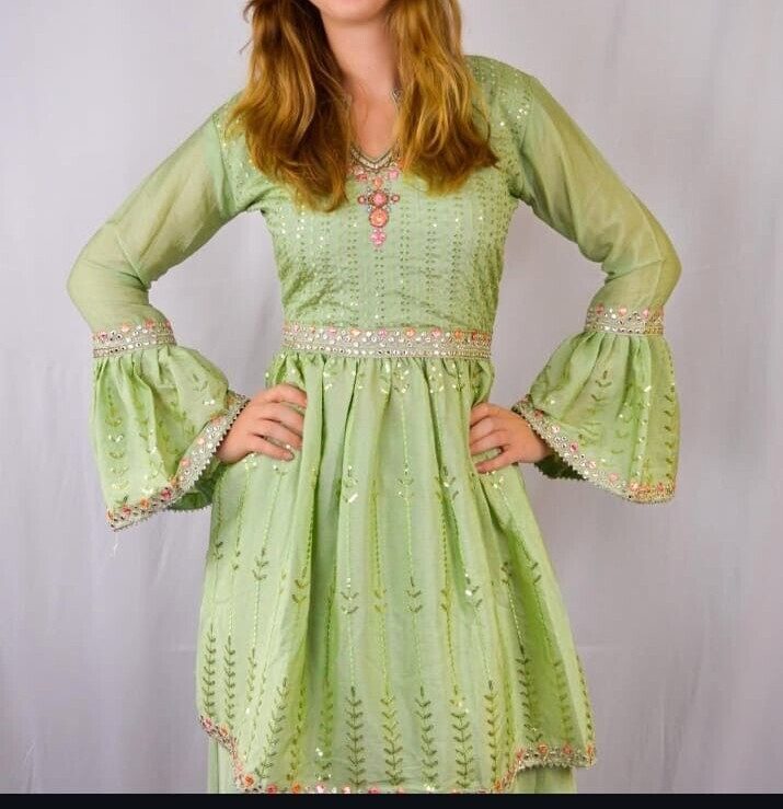 Mint Green & Pink Embroidered Sharara Set – Ethnic Wear