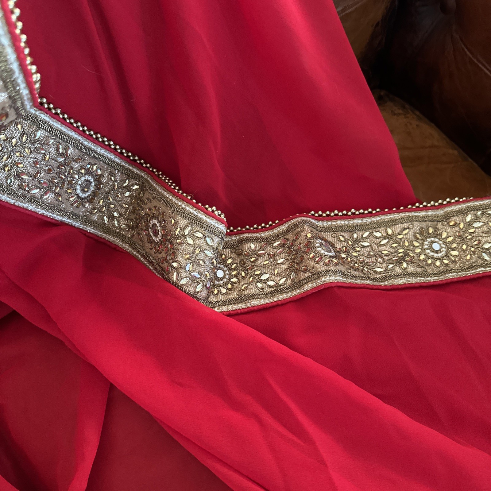Beautiful Handmade Stamped Rekha Red & Gold Saree With Intricate Embroidery