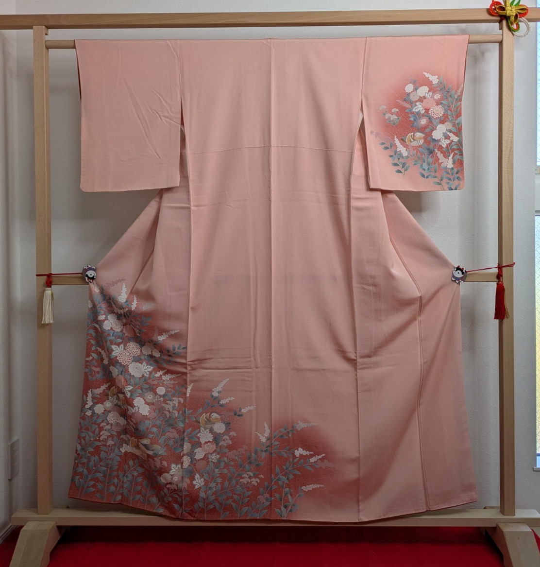 Authentic Japanese Kimono Silk Homongi Pink Floral & Birds Paint Textile Art
