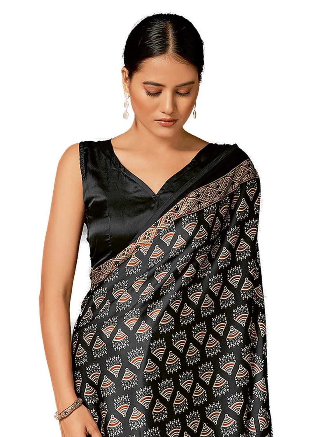 Women’s Brown Digital Print Satin Crepe Saree With Unstitched Blouse Piece