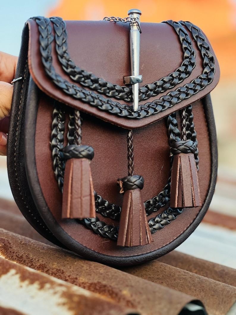 Scottish Brown Leather Sporran Handmade Braided Tassels with Belt