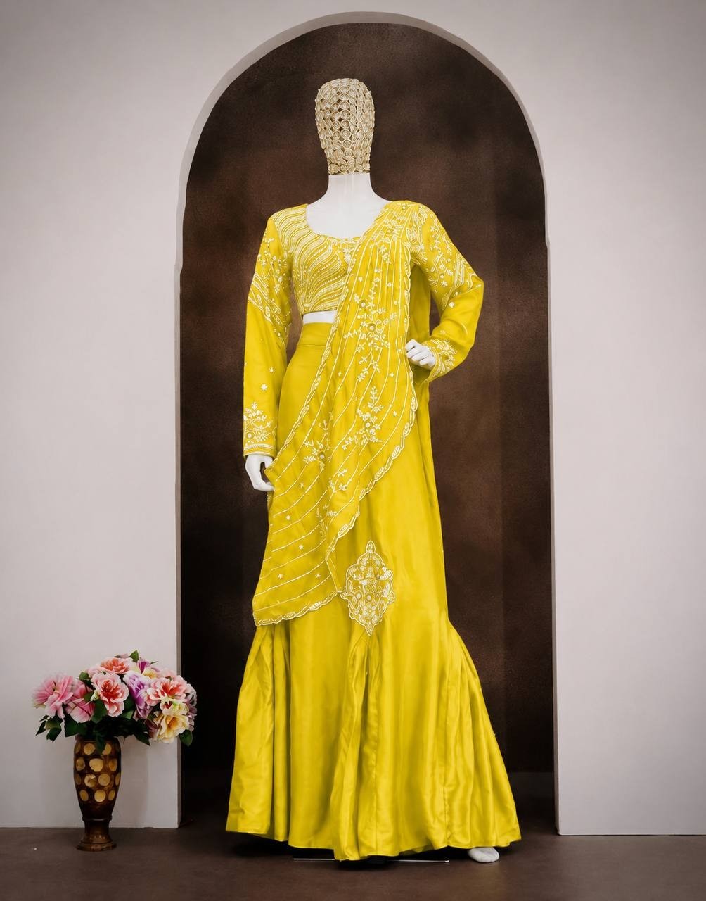 Haldi Ceremony Lehenga Style Saree Chinon Silk Wedding Mehndi Party Wear