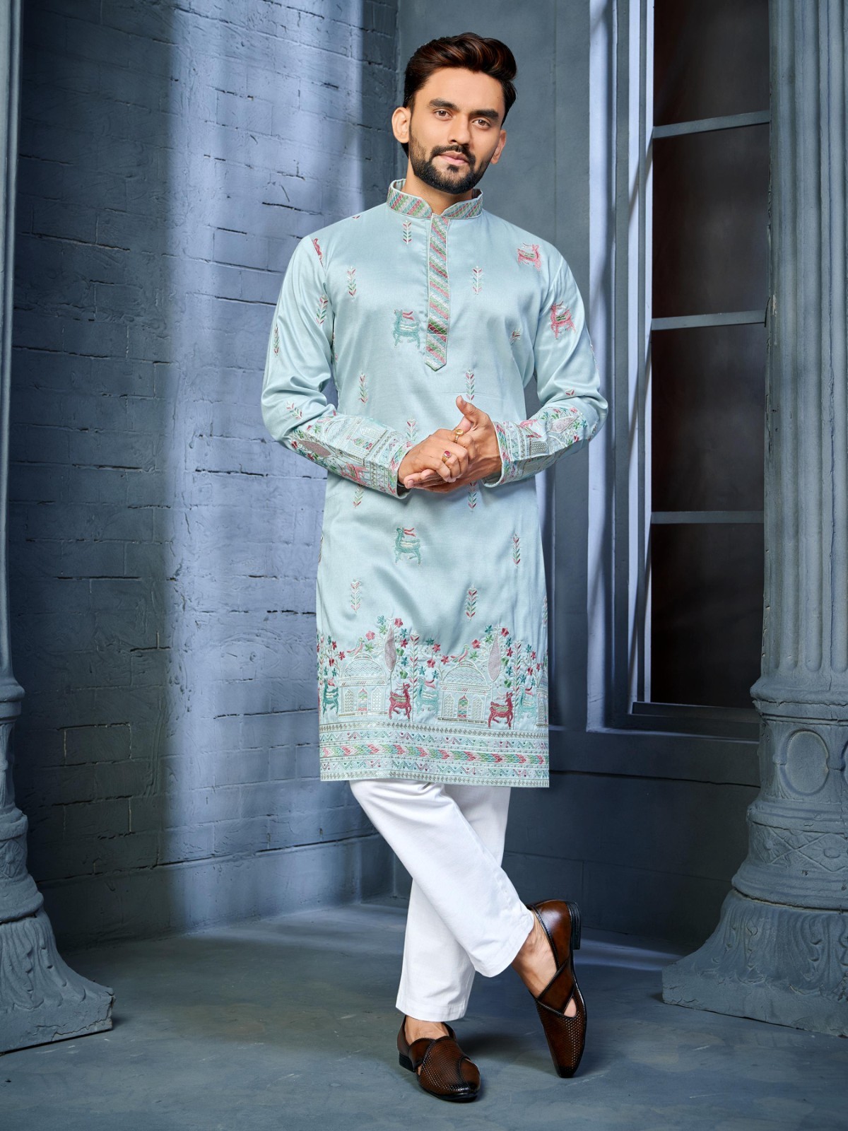 Men’s Sky Blue Embroidered Kurta Indian Traditional Party Wear Ethnic Outfit