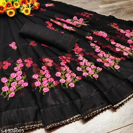 Women’s Soft Net Floral Embroidery Saree With Moti Lace And Unstitched Blouse