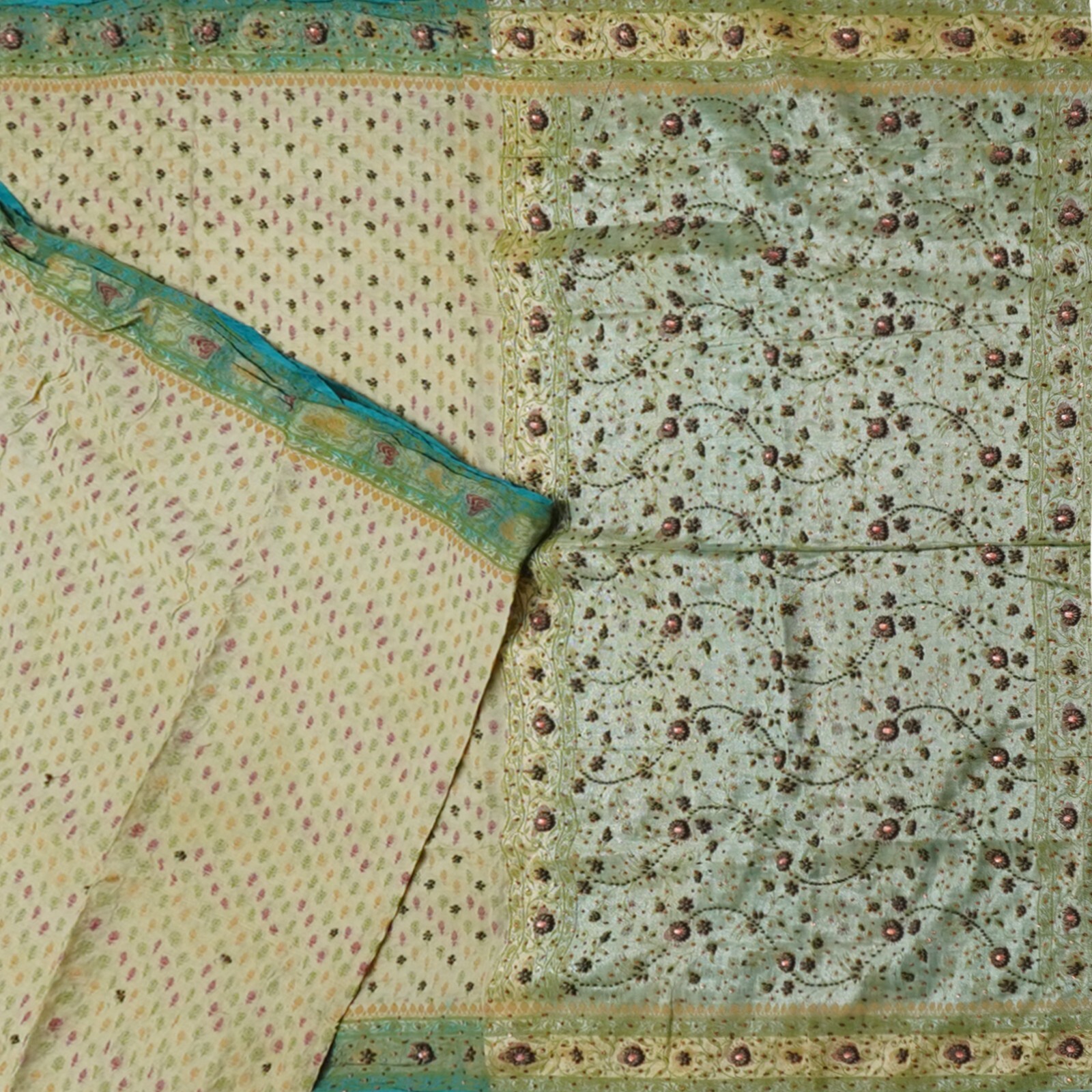 Vintage Off-White Sarees 100% Pure Silk Woven Hand Embroidered Sari 5YD Fabric