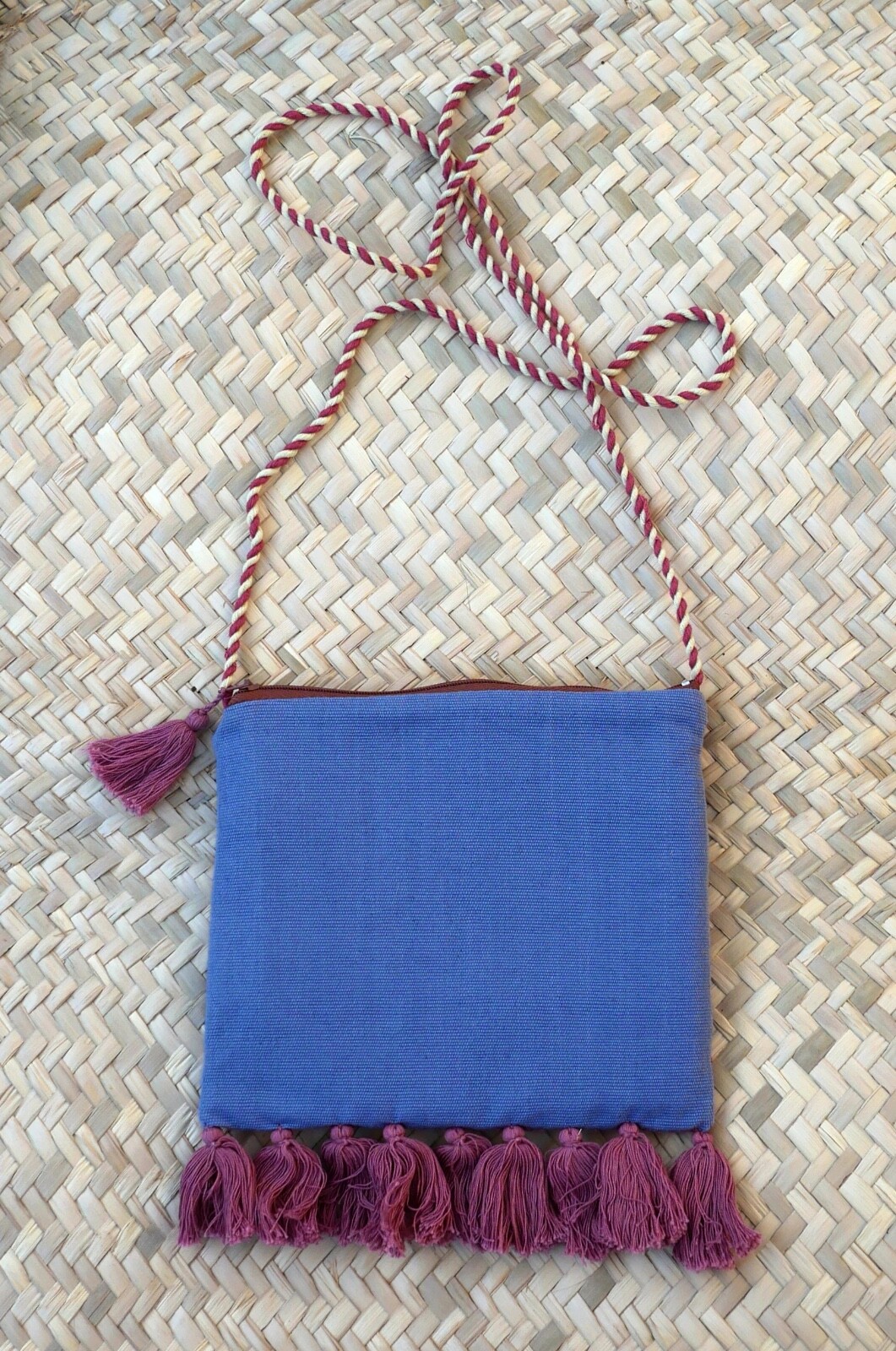 Shoulder Bag Morral Mayan Padded Rose Sand & Blue Handwoven Chiapas Mexico Boho