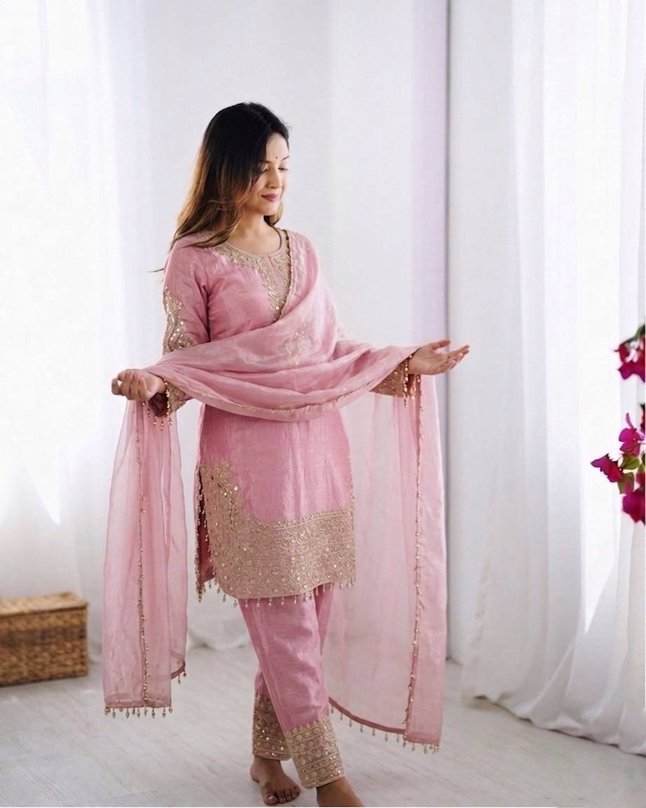 Stylish Look Roman Glass Silk Pink Salwar Kameez With Dupatta For Women & Girls
