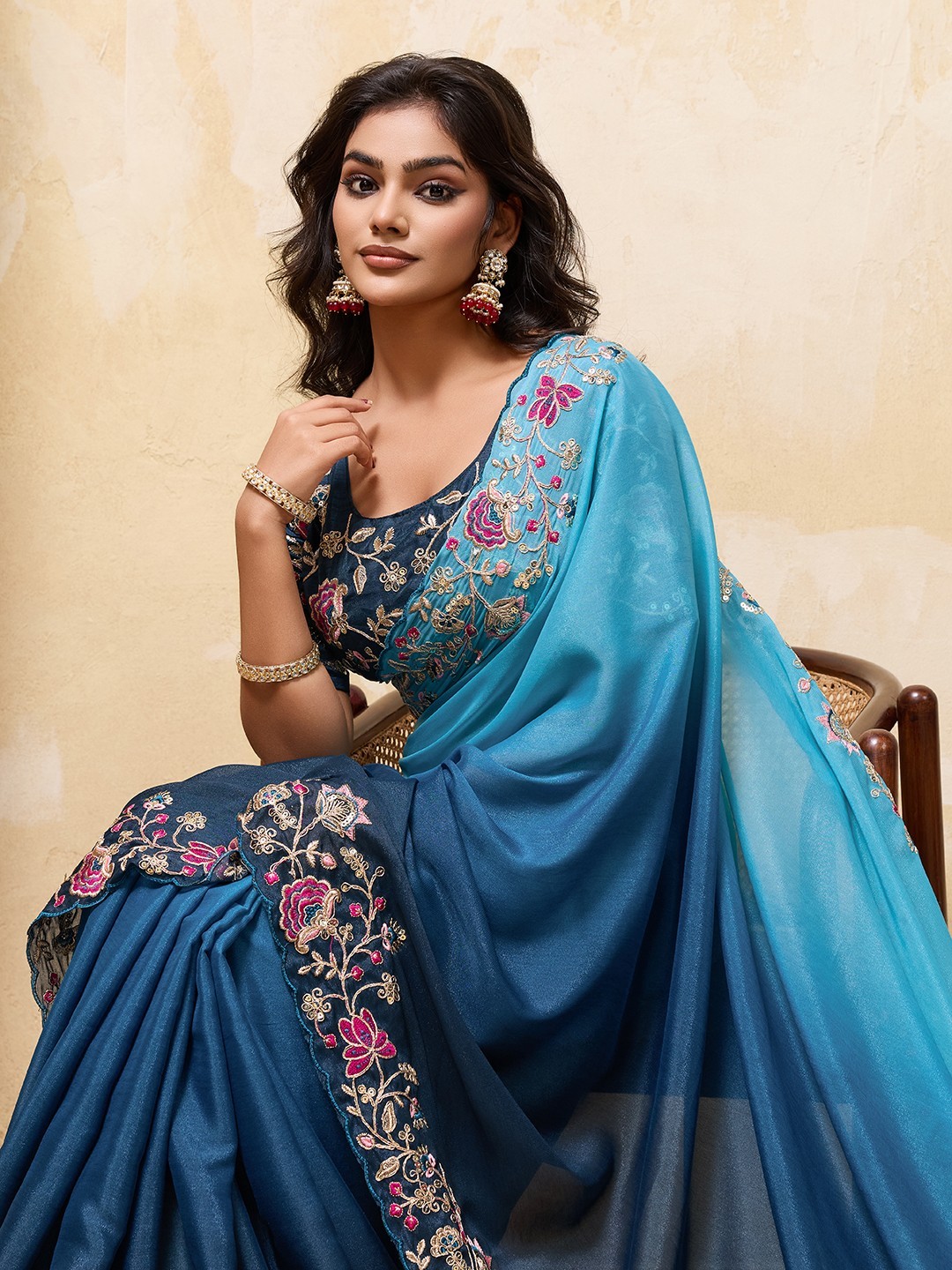 Indian Ethnic Georgette Saree Embroidered Cutwork Border Party Wear Indian Sari