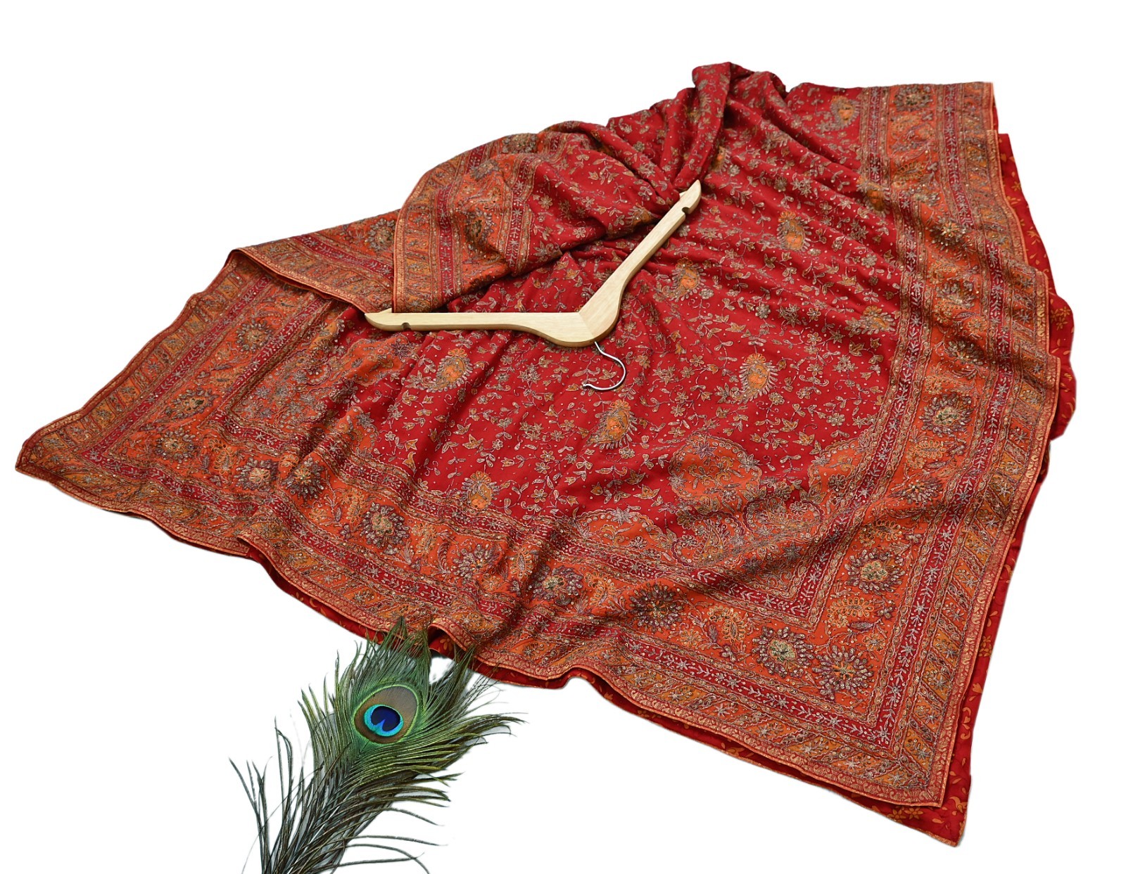 Pre-owned Orange Pure Silk Hand Embroidered Ritu Kumar Designer Lehenga 3pcs set