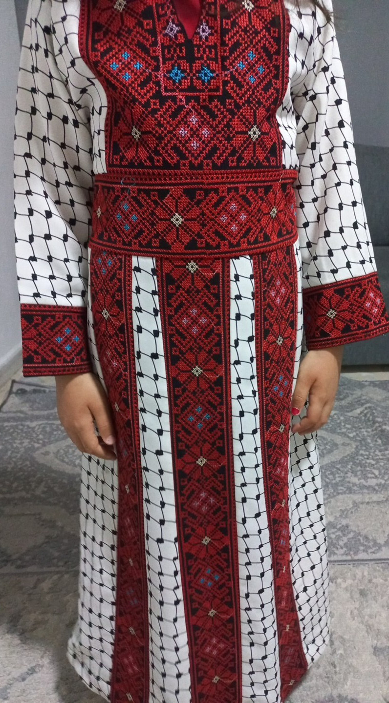 Girl traditional palestinian embroidered thobe dress s7 years red white long93cm