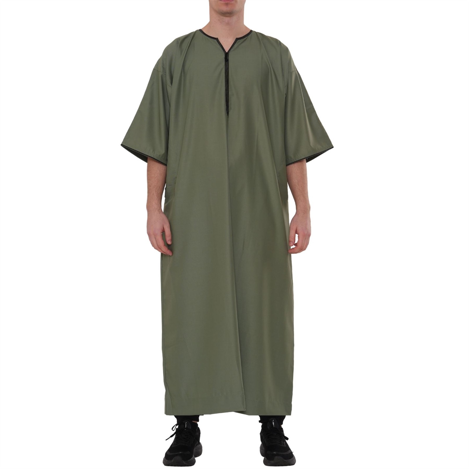 Men’s Olive Thobe Emirati Omani Jubba Muslim Half Sleeve Zipper Islamic