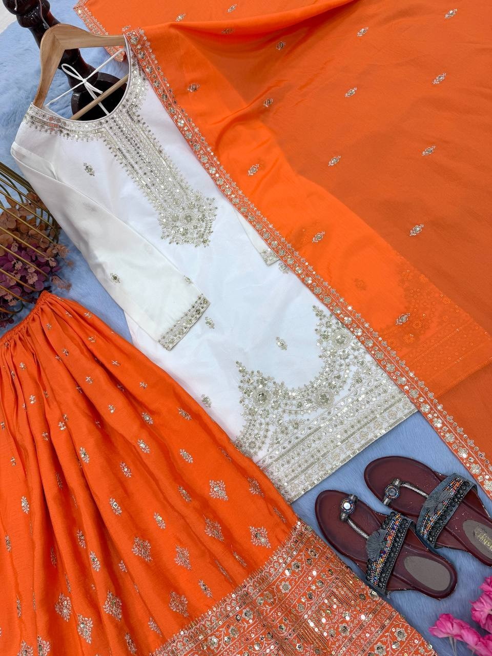 Beautiful Orange Chinon Silk Top Palazzo With Dupatta For Women & Girls