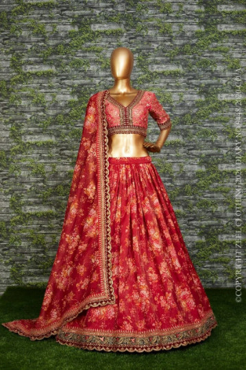 New Red Khadi Organza Lehenga And Mulberry Silk Blouse With Dupatta For Wedding