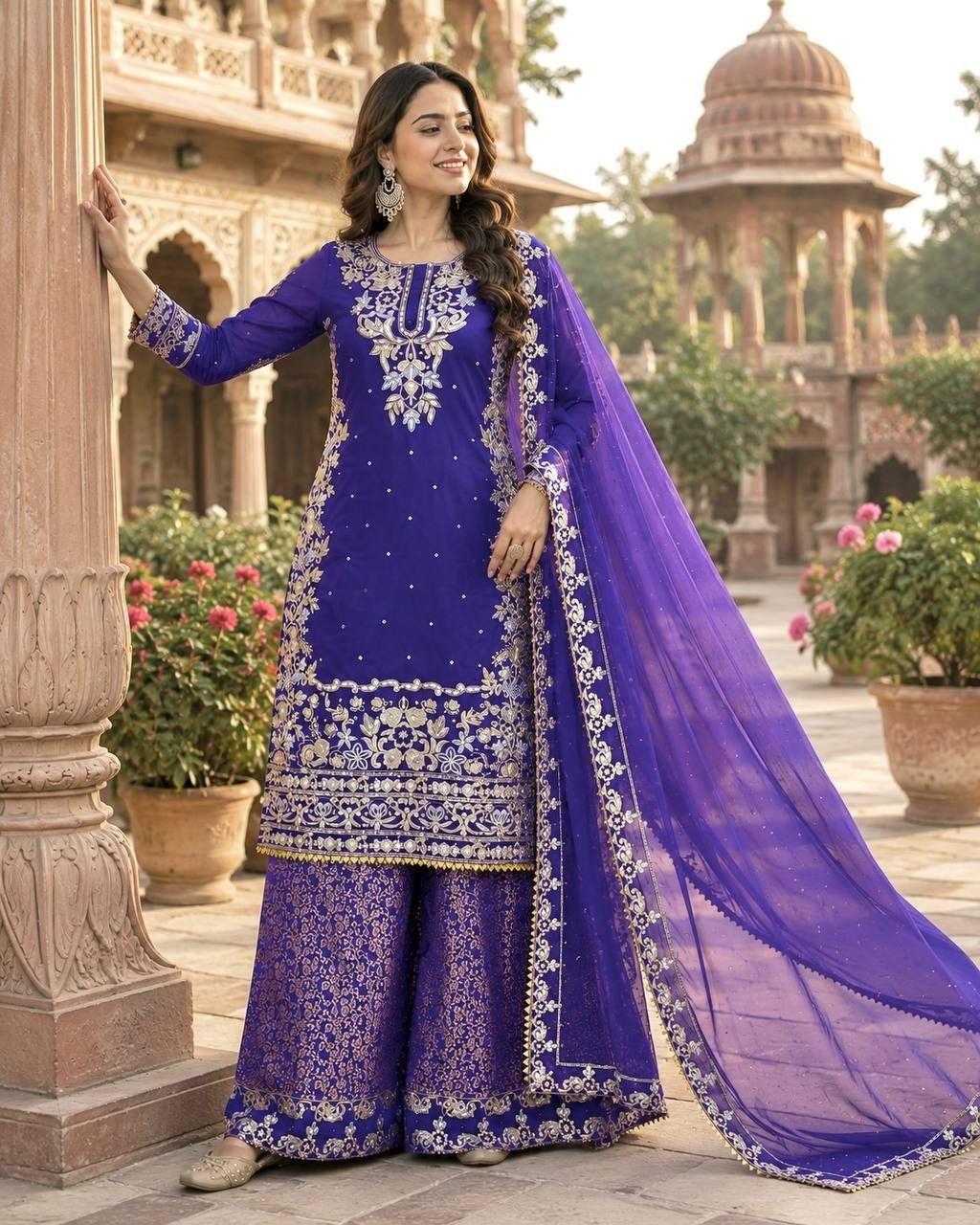 Presenting New Purple Roman Cotton Kurta Palazzo With Dupatta For Party Wear