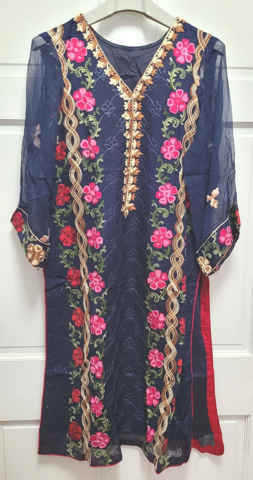 Pakistani India 3pc Embroidered Floral Silk Chiffon Kurta Suit – Blue 44″ Chest