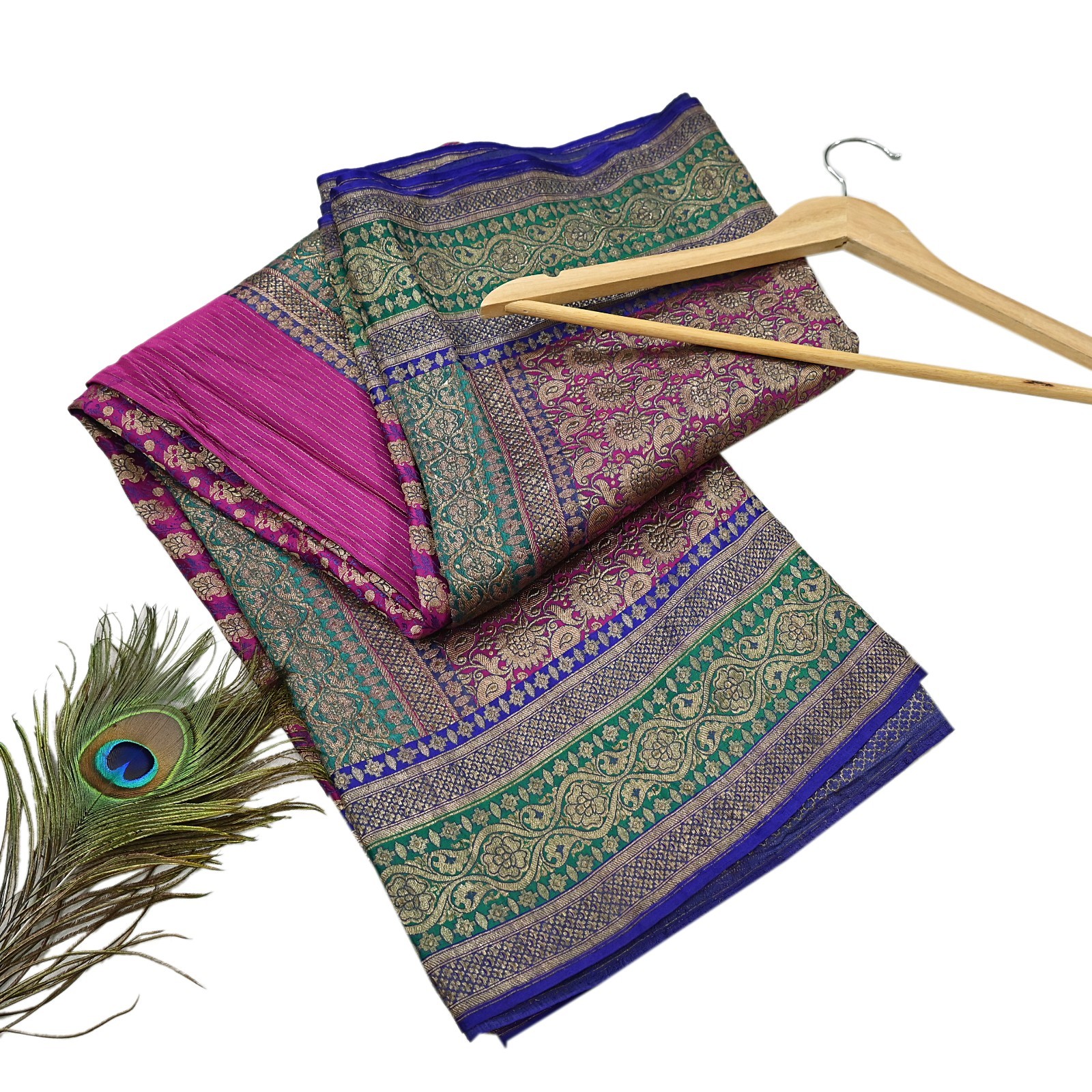 Indian Antique Vintage Heavy Sari Purple & Green Pure Satin Silk banarasi saree