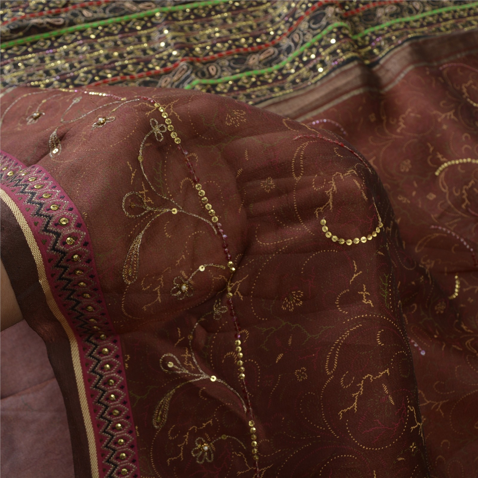 Sanskriti Vintage Sarees Pure Chiffon Silk Hand Beaded Woven Zardozi Sari Fabric