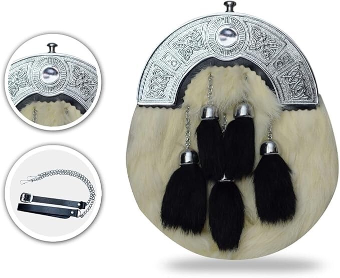 BAGPIPER TRENDISH Scottish Men White fur Sporran 5 Black Tassels Leather Sporran