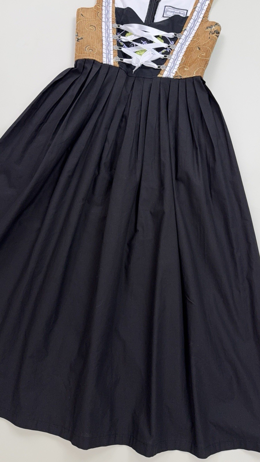 Vintage Oktoberfest Dirndl Dress Long 100% Cotton Bavarian XS Brown Black