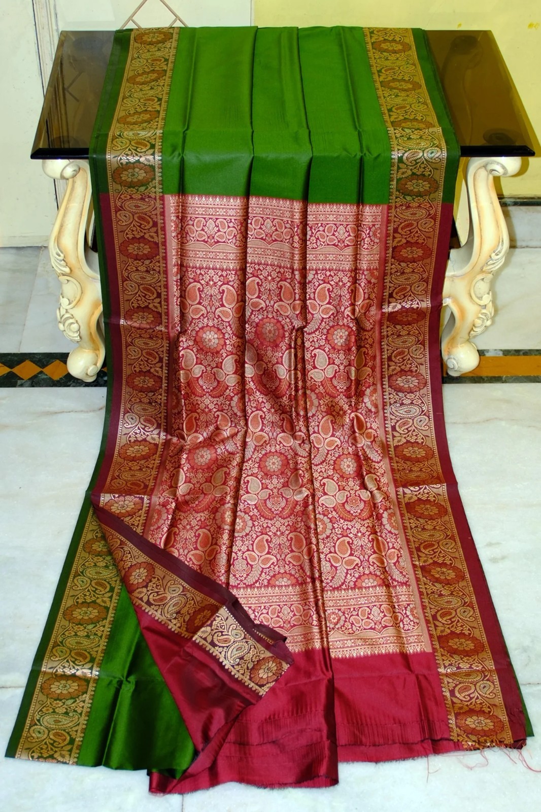 Women Green Gadwal Silk Saree Pashmina Thread Work With Blouse Piece