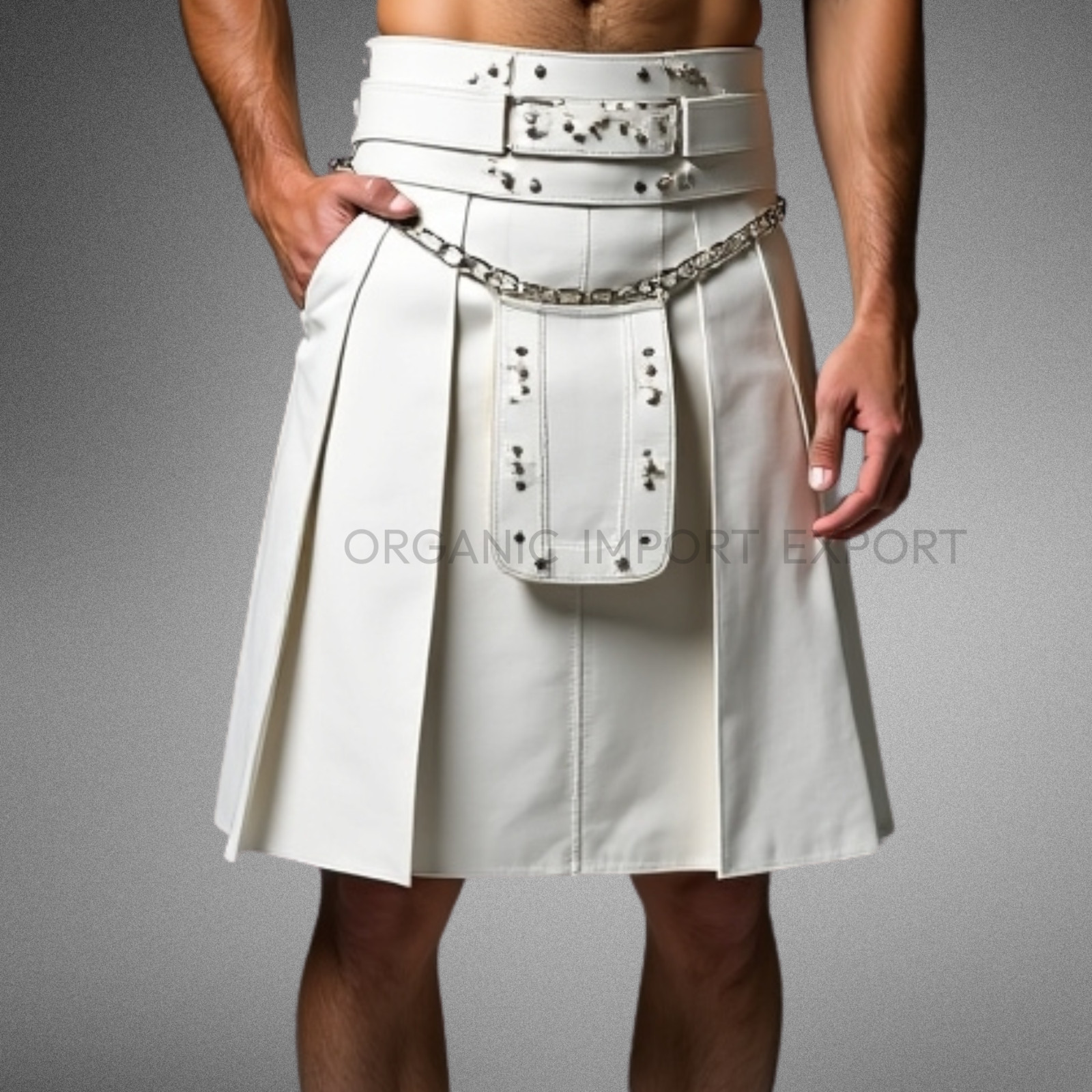 Men’s White Leather Kilt – Modern Fashion Utility Skirt with Studded Belt Design