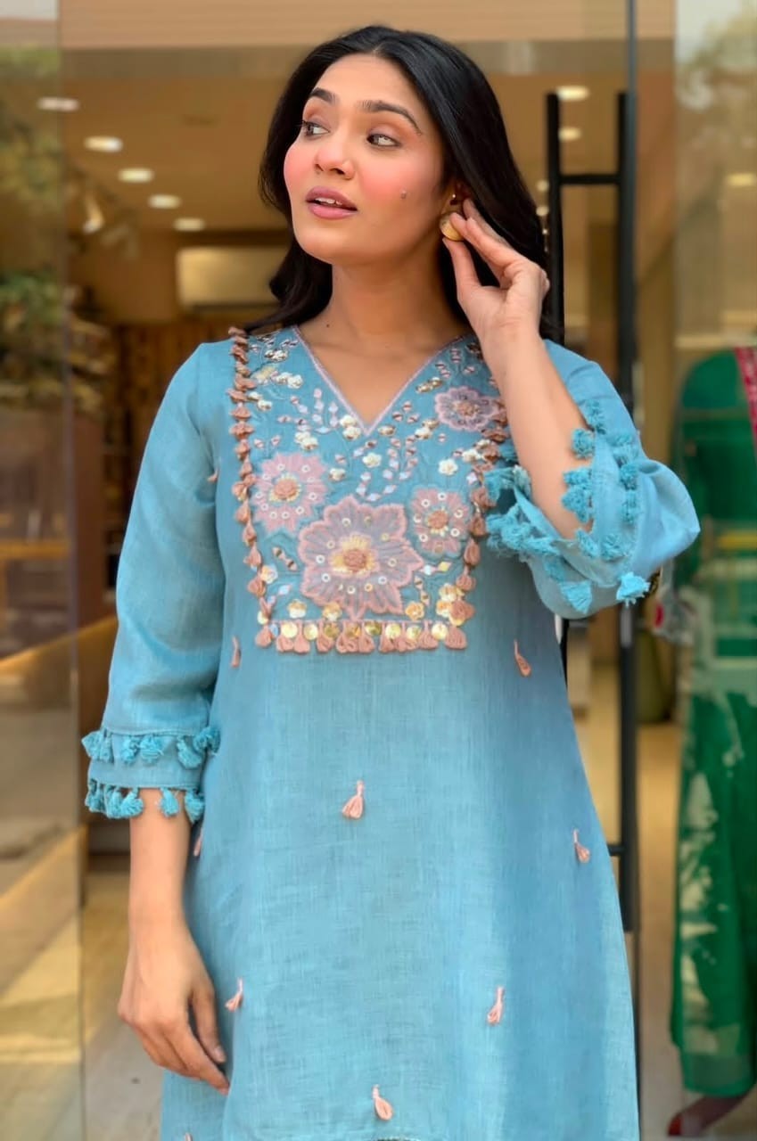 Women Cotton Flex Embroidey Kurti Cord Set Indian Party Wear Top Kurta Pant Set