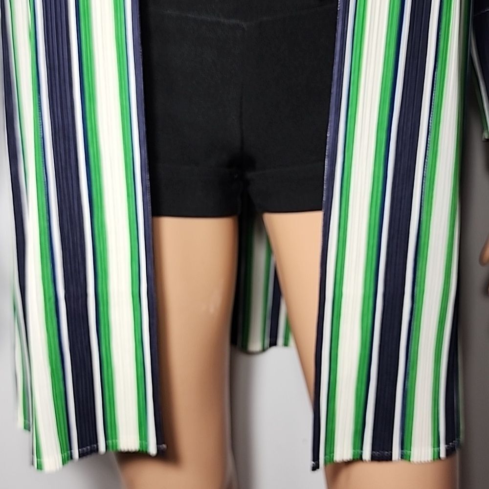 Chico’s Travelers Women’s Green Blue White Stripe Open Front Jacket Size 1 M