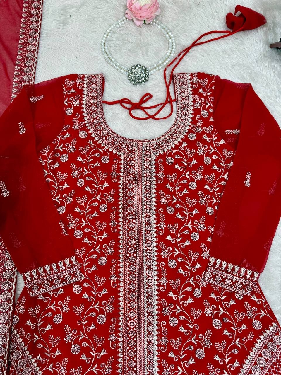 Presenting Faux Georgette Red Palazzo Suit With Dupatta For Wedding Wear