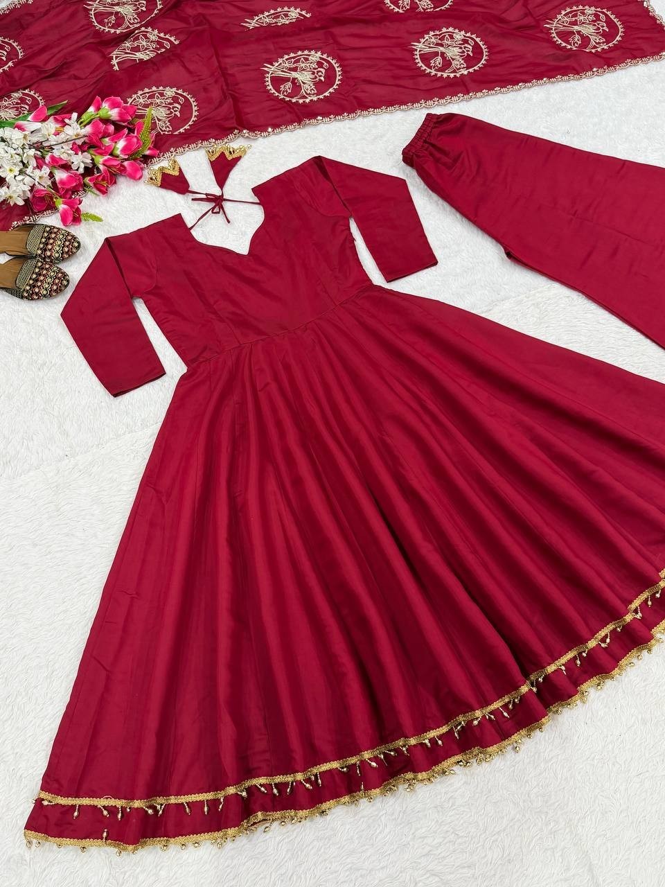 Ethnic Wear Maroon Roman Silk Palazzo Suit With Dupatta For Women & Girls