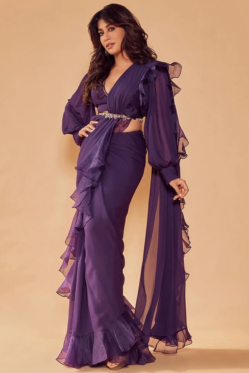 WOMEN ‘ S RUFFLE BOLLYWOOD SAREE AND BLOUSE GEORGETTE DESIGNER PARTY WEAR SARI