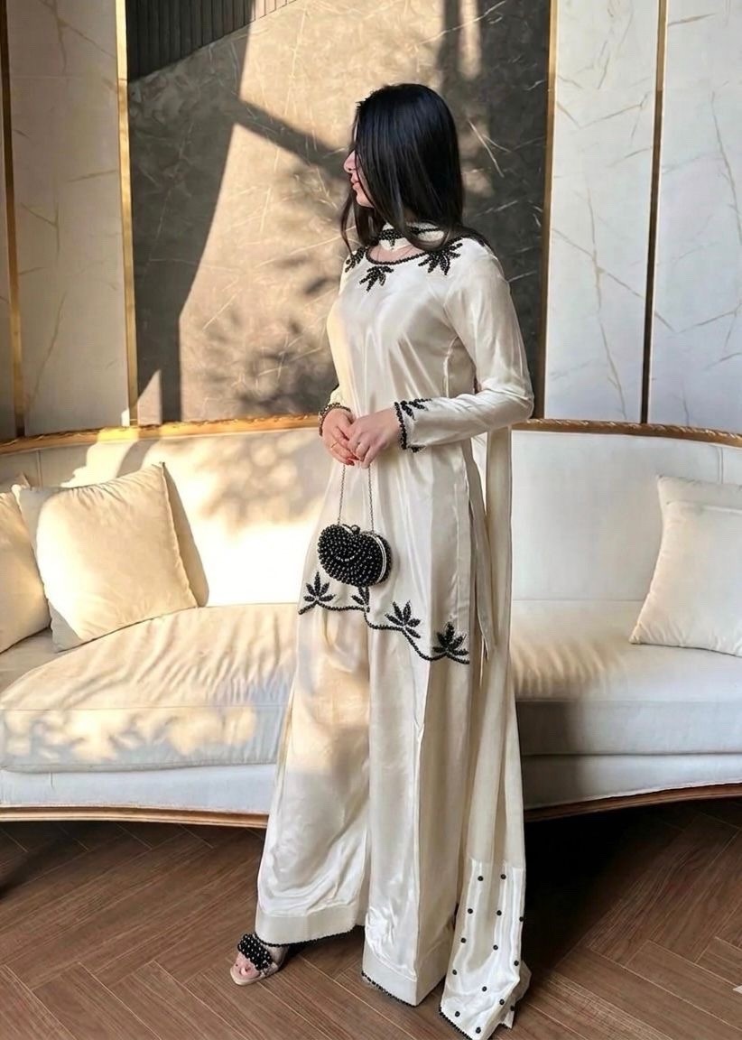 Embroidered Satin Salwar Kameez Women’s Outfit, White Brown
