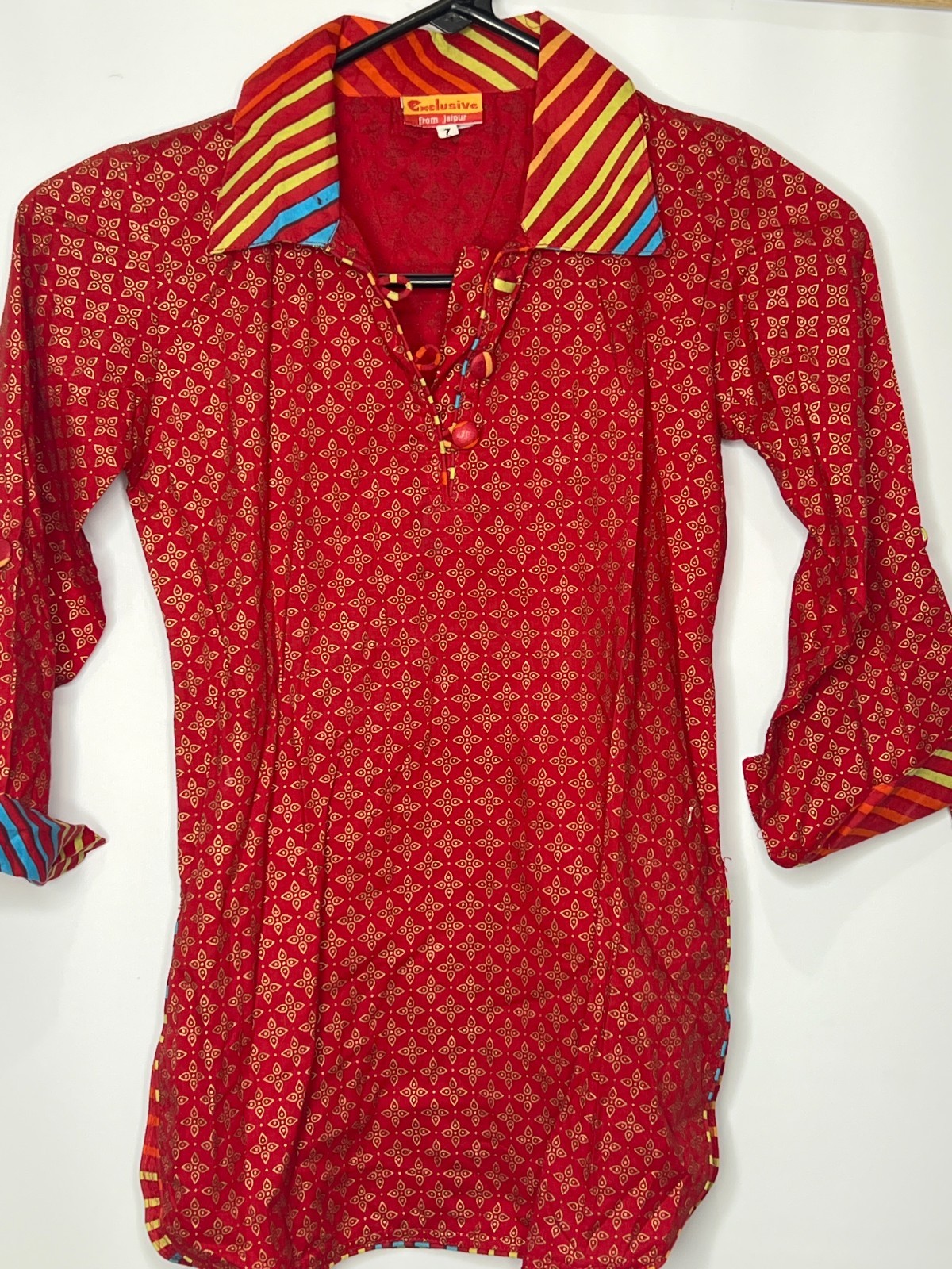 Exclusive from Jaipur Red Printed Kid’s Kurti Top Size 7 – Colorful Collar & Cuf