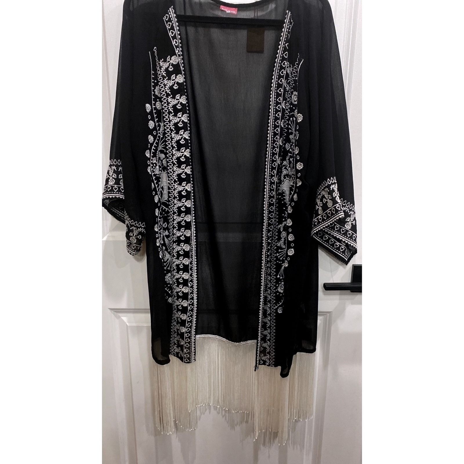 River Island Embroidered Kimono Robe Black White Fringe Boho Festival Size M