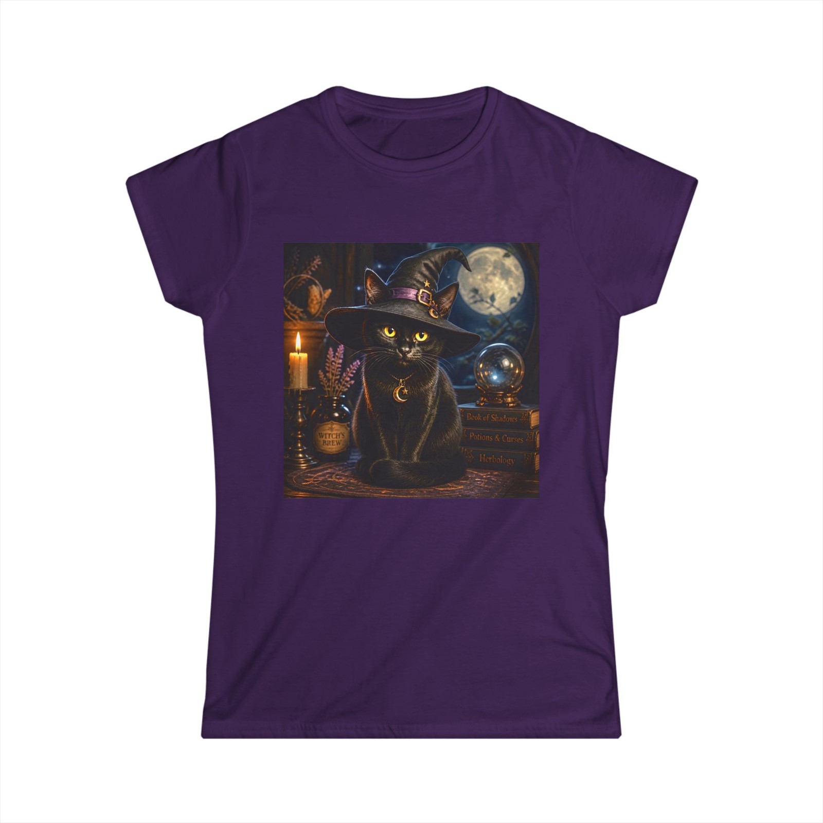 Black Witch Cat Tee | Halloween Moon, Crystal Ball, Candle