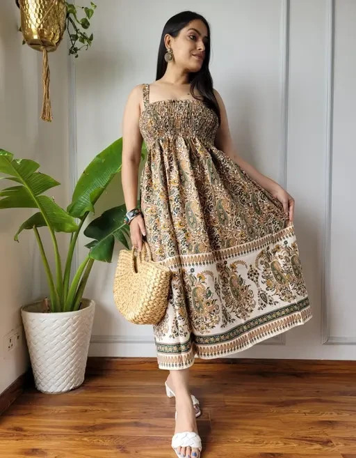 Women Cotton Dresses And Frocks Gown Dress with Digital Print Knee Length A Line