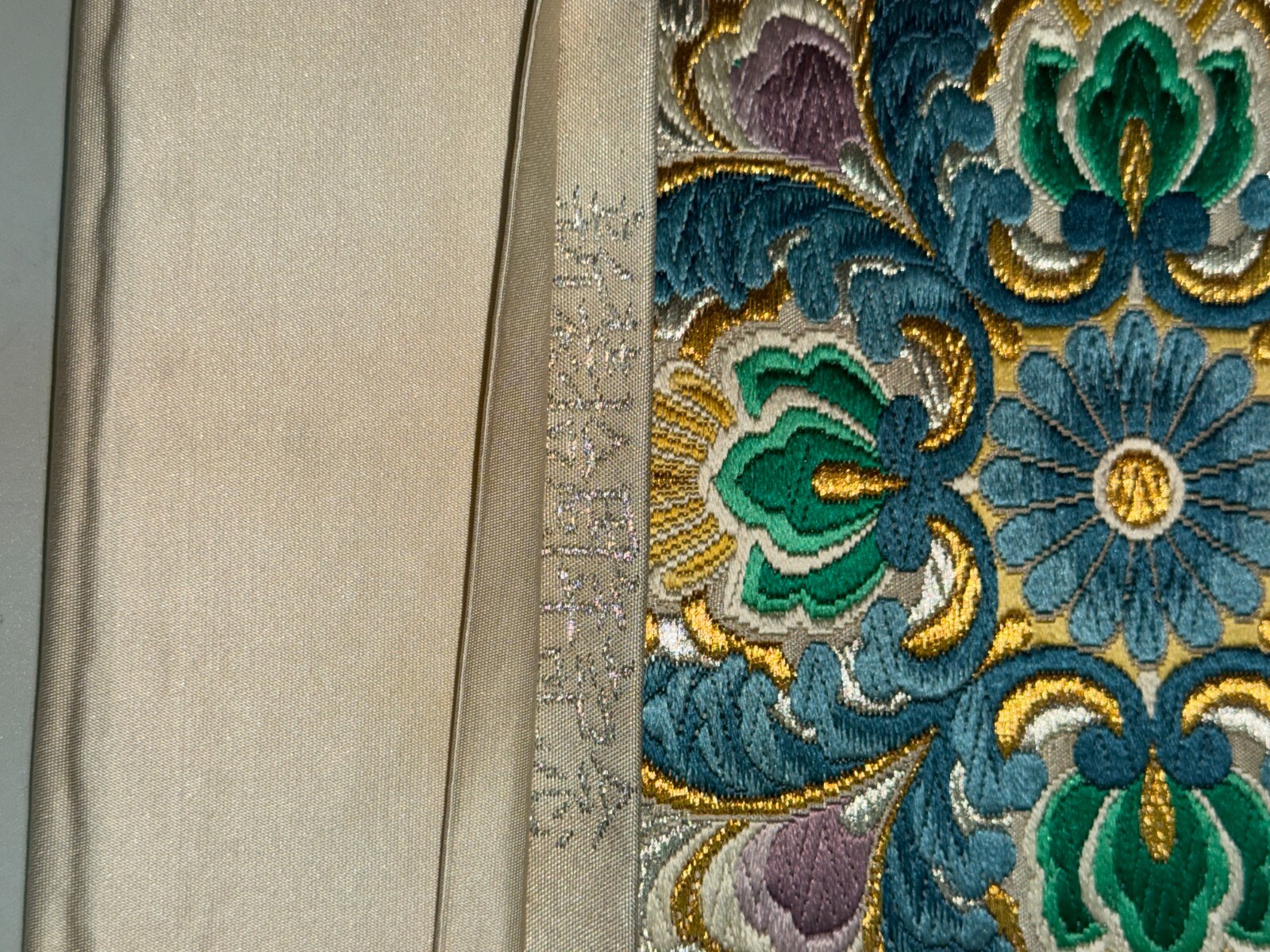 Japanese Vintage Kimono Fukuro Obi silk White Embroidery Expensive Dirt 170x12in
