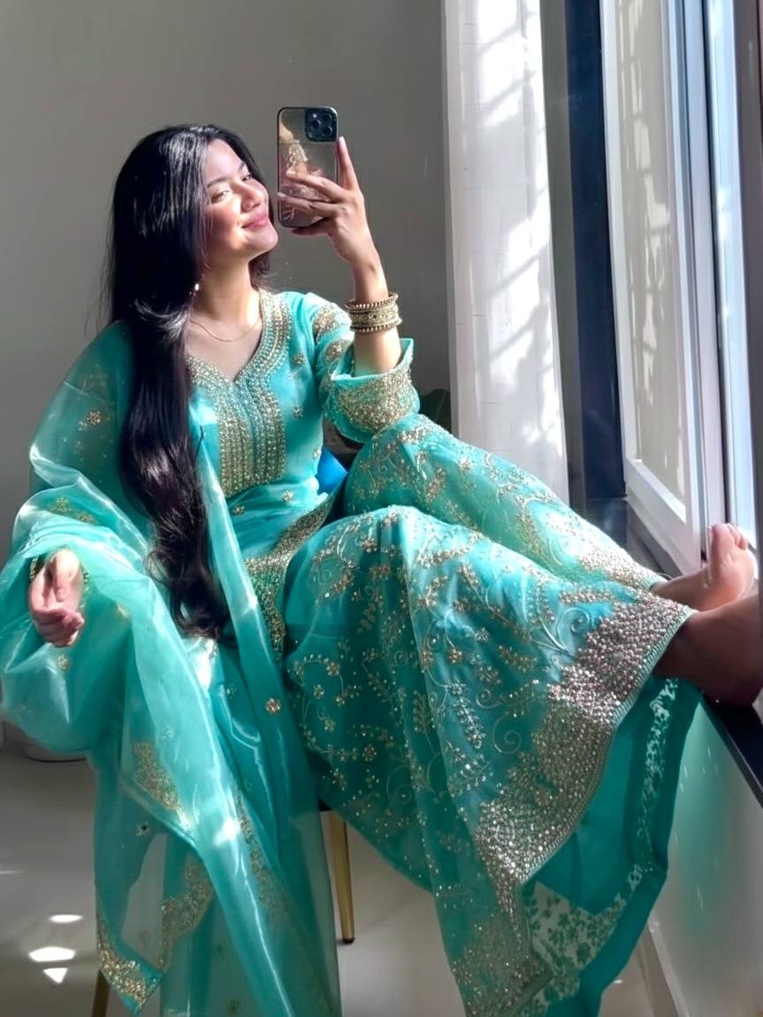 Latest Natural Crap Silk Firozi Salwar Kameez With Dupatta For Traditional Wear