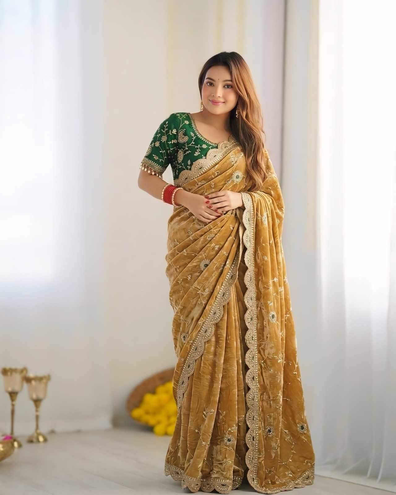 Emerald Green & Antique Gold Organza Saree With Heavy Embroidered Blouse