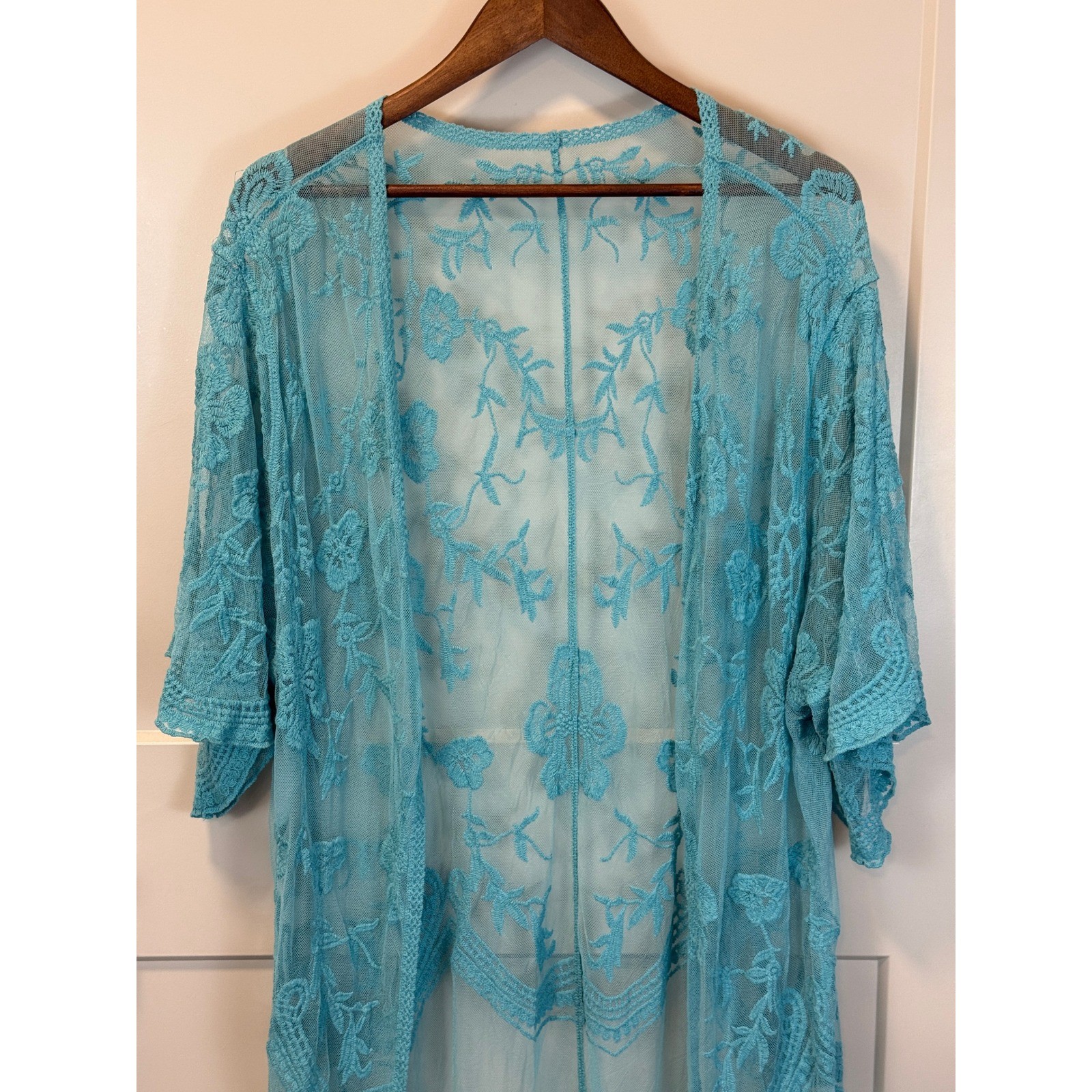 Woven Heart Aqua Floral Lace Long Kimono One Size Boho Cottagecore