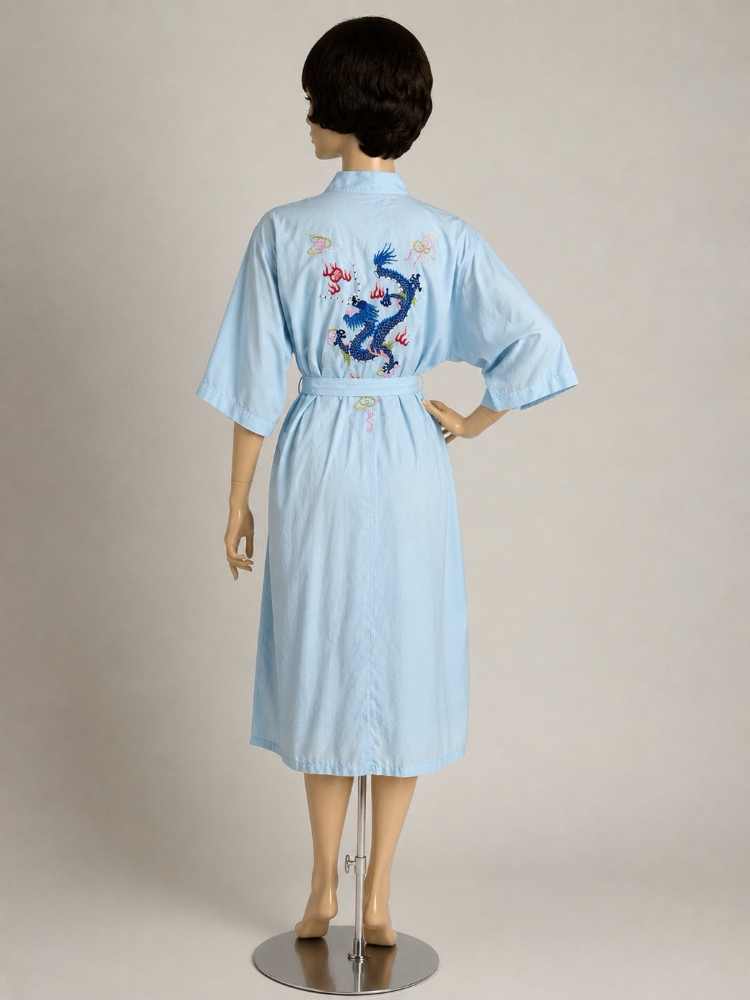 Health Label Vintage 1960s Dragon Asian Light Blue Embroidered Kimono Robe