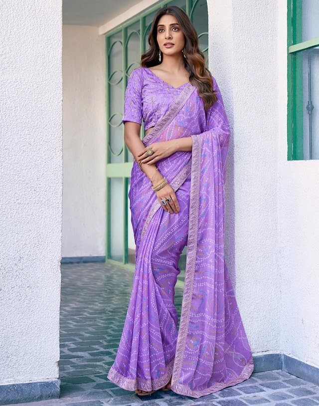 Women’s Bandhani Printed & Embroidery Work In Lace Georgette Saree with Blouse
