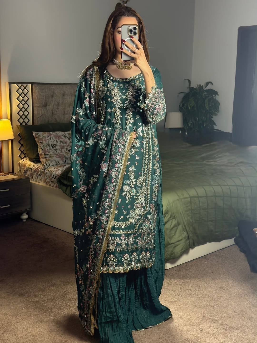 New Heavy Faux Georgette Green Top Palazzo With Dupatta For Women & Girls Wear